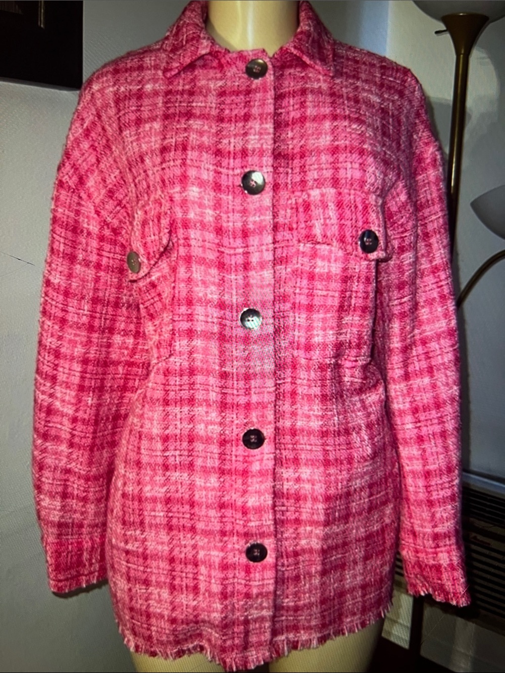 Zara Pink Plaid Button-Front Blazer Jacket